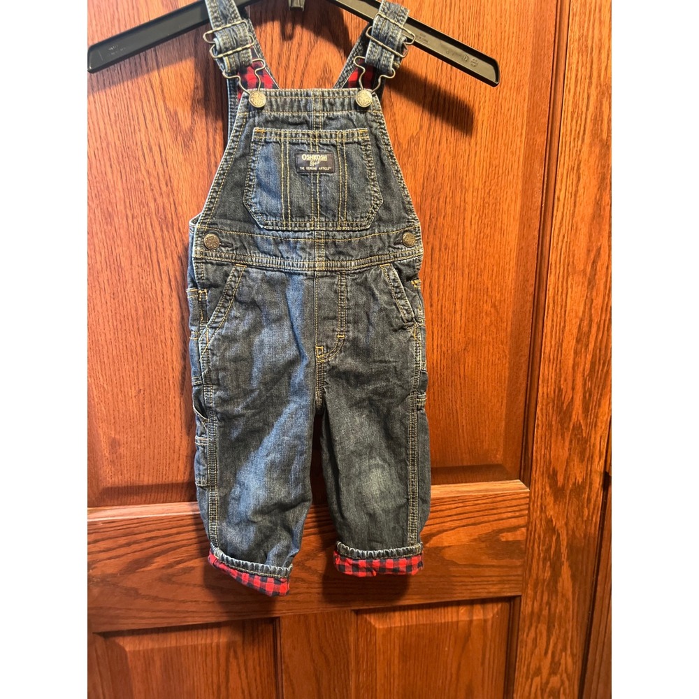 OshKosh Bgosh Denim Overalls Red Plaid Lined Adjustable Straps Baby Size 2 2T